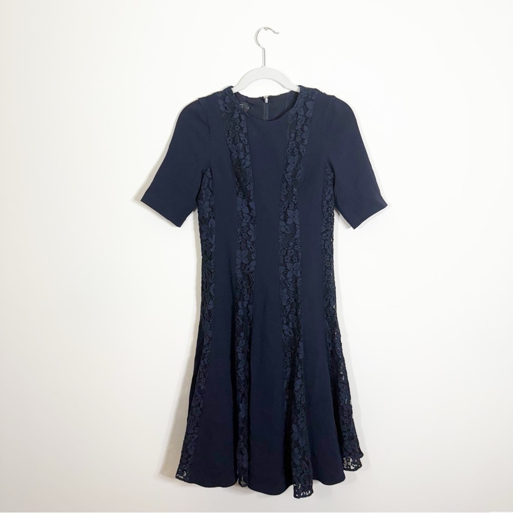 Rickie Freeman for Teri Jon Navy Blue Lace Panel A-line Knee Length Dress Size 2